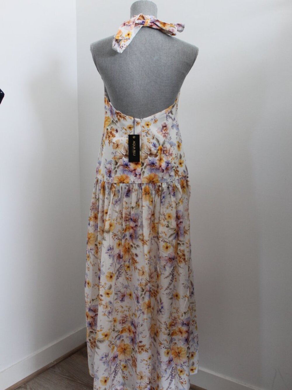 NWT Aqua Blu Australia Long Maxi Dress Floral Lilas Halter Dress Drop Waisted - Picture 5 of 6